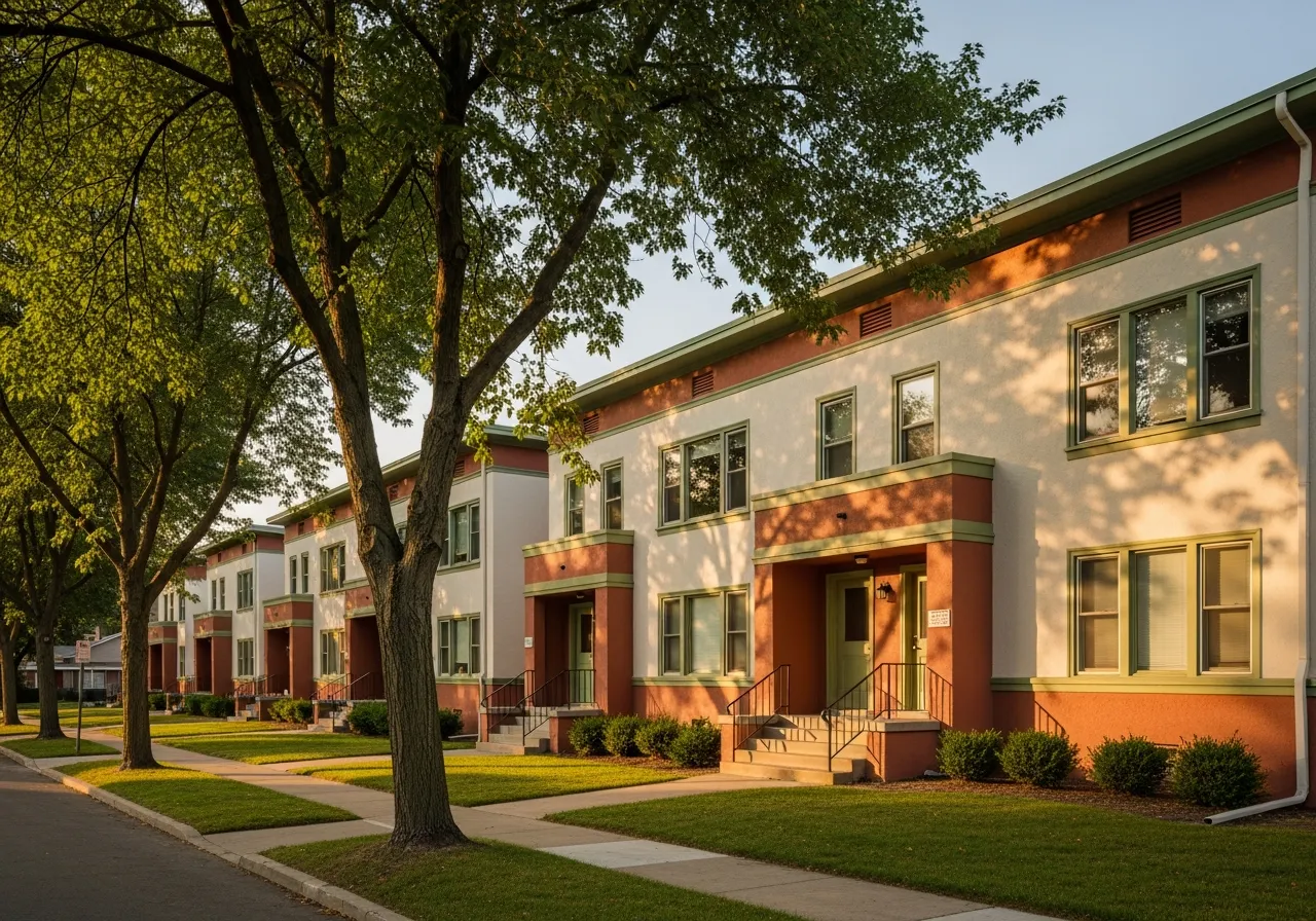 A row of warm-lit residential buildings at sunset, representing HUD-assisted rental housing in American neighborhoods.